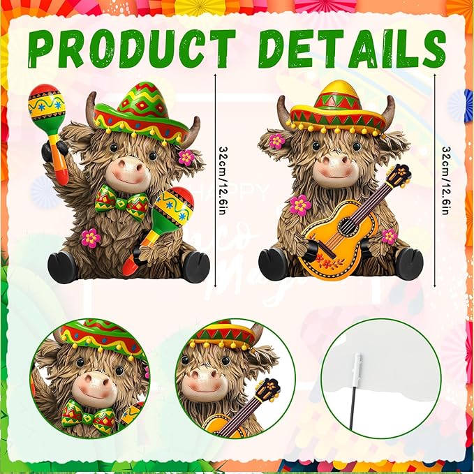 Amyhill 2 Pcs Cinco De Mayo Highland Cow Garden Stakes, Mexican Fiesta Metal Outdoor Decor, Western Cowboy Welcome Yard Signs for Patio, Lawn, Walkway, Garden, Cinco De Mayo Party Decorations