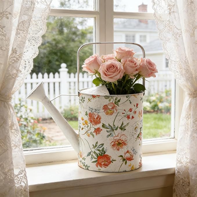 Vintage Floral Metal Watering Can, Decorative Watering Pot for Indoor Outdoor Plants, Shabby Chic Garden Watering Tool with Long Spout, Rustic Home Patio Decor