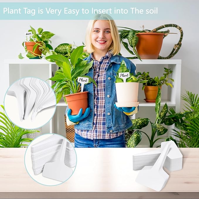 200 Pack Plant Labels T-Shape, 4 Inch Potted Plant Name Tags Plastic, Seedlings Seed Markers Nursery Plant Stake Tag with Marking Pen for Outdoor Indoor Garden Patio Flower Vegetable, White