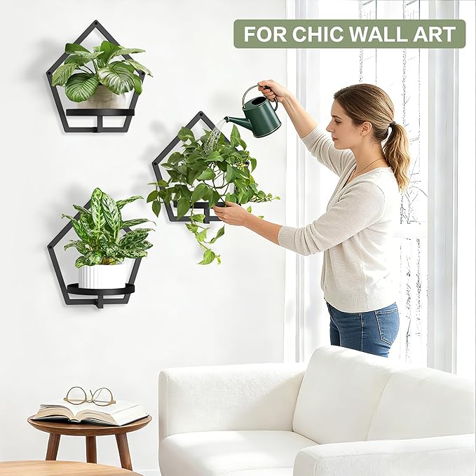 3 Packs Wall Hanging Planters for Indoor Plants, 7.9inch Metal Wall Plant Holder Hanger Wall Decor, Wall-Mounted Hanging Planters Window Plant Shelves Outdoor(Black)
