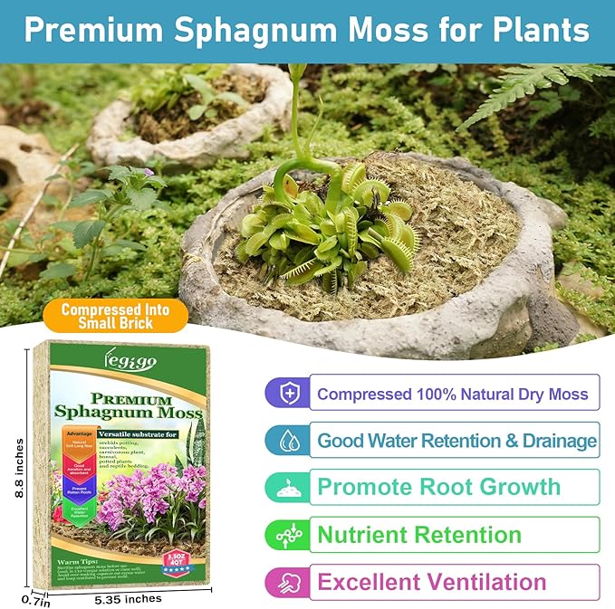 Legigo 3.5oz Natural Sphagnum Moss for Plants, 4QT Long Fiber Orchid Moss Potting Mix, Dried Sphagnum Moss for Plants Indoor, Orchid Repotting, Succulent, Carnivorous Plants, Terrarium and Reptiles