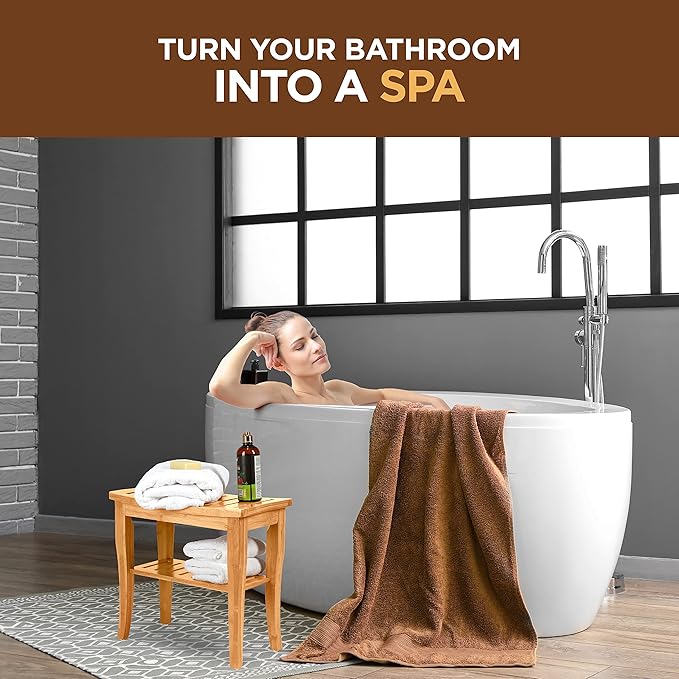 Bamboo Shower Bench - Small Wooden Shower Stool with Storage Shelf, Non-Slip Bathroom Seat, Spa Decor Bath Bench, Foot Rest Shaving Stool for Shower, Indoor Outdoor Use, Great Gift Idea (17" x 9 x 17)