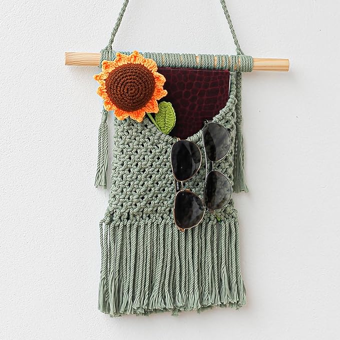 BIMIVAN Macrame Wall Hanging Basket Decor - Boho Wall Basket Decor - Large Wall Art - Mail Organizer Wall Mount - Key And Letter Holder For Wall - Sage Green 13 x 15 inches
