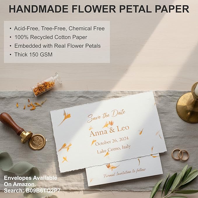 Wanderings Handmade White Deckle Edge Paper with Real Flower Petals - 5.8" x 8.3 - A5 Size Package of 50 - Mixed Media Loose Leaf Paper for Watercolor Writers Invitations Crafts - Thick 150 GSM