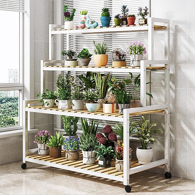 4-Tier Metal Flower Stand - Stylish Bamboo Plant Shelf for Indoor Succulents & Home Decor - Wooden Ladder Display Rack for Flower Pots & Greenery Support