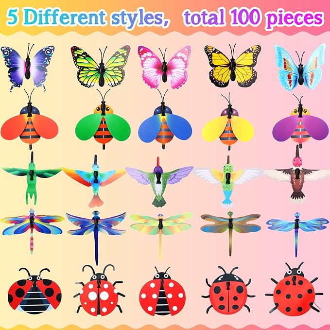 100 Pcs Butterfly Garden Decorations 9.8 Inch Assorted Decorative Plant Stakes Include Bee Hummingbird Ladybug Dragonfly Butterfly Stake for Flower Bouquet Spring Outdoor Indoor Lawn Wall Patio
