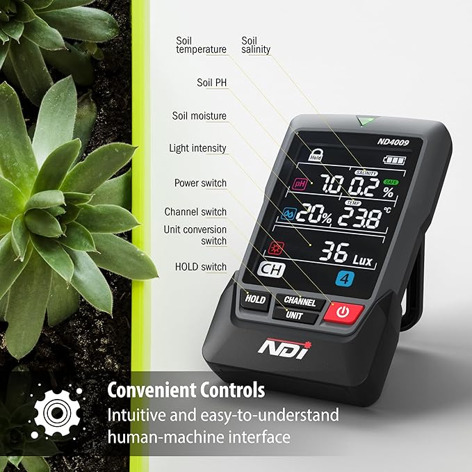 NDI Multifunctional Soil Meter,up to 5 Probe with Wireless Transmission,pH, Salinity, Temperature,Light Intensity with Acoustic Wave Growth Assistance, for Gardening, Landscaping, and Soil Testing