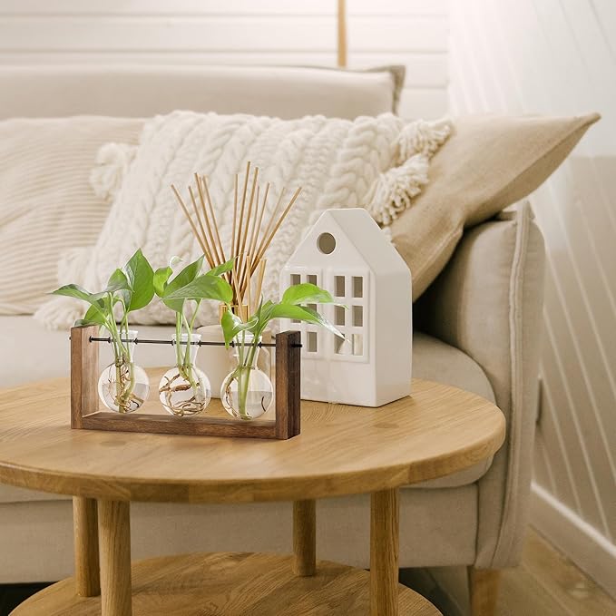 YIBOT Wall Hanging Planter Propagation Station Glass Flower Vase for Hydroponics Plants, Plant Terrarium with Wooden Stand, Bathroom, Home Office Living Room Decor Gift