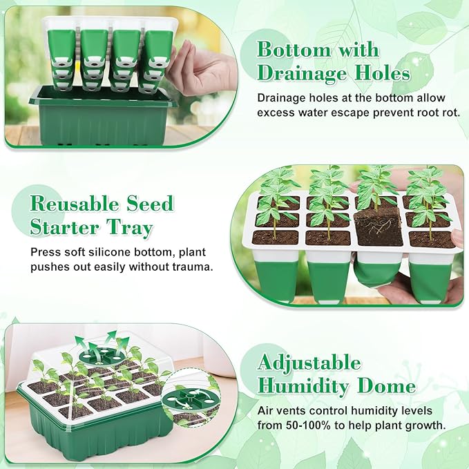 Reusable Silicone Seed Starter Tray, 96 Cells Seed Starter Kit with Humidity Adjustable Dome and Lid, 8 Packs Plant Germination Trays with Repotting Mat Germination Kit for Seeds Grow Starting