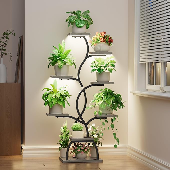 EVAWOO Plant Stand Indoor with Grow Light - 8 Tiered Plant Shelf Indoor, Corner Plant Stand, 49" Tall Plant Shelf with Lights for Indoor Growing, Lighted Flower Holder for Living Room, Balcony (Gray)