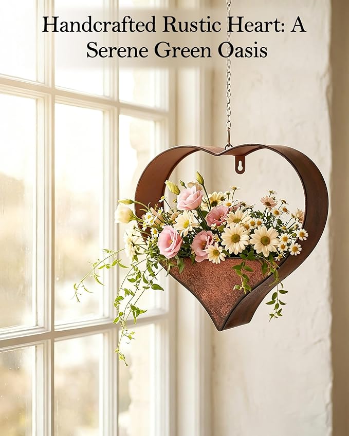 Metal Plant Hangers Indoor and Outdoor: Easter Gifts for Mom Women Her Wife Garden Lovers Birthday - Heart Shape Hanging Planters for Window Wall Living Room Office Decor(Rustic)