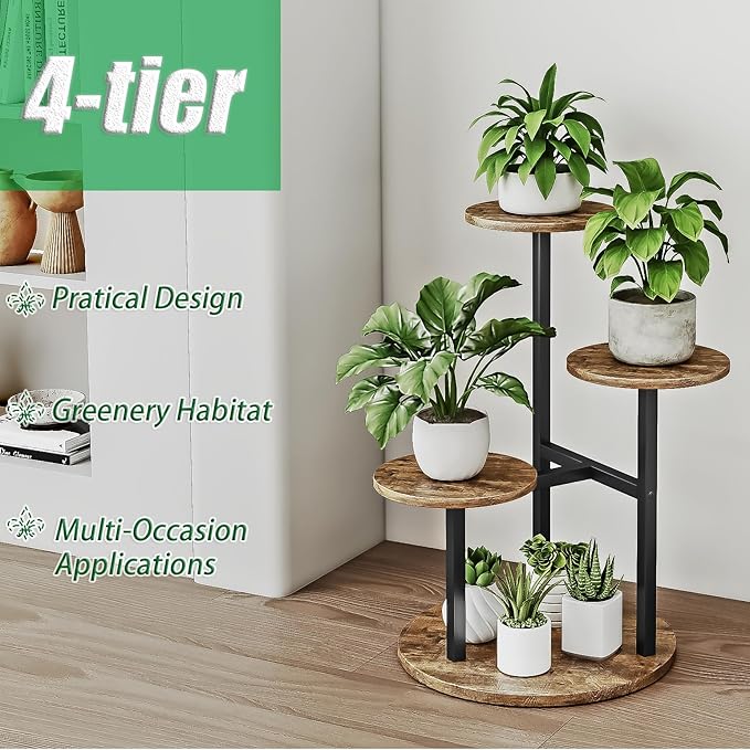 INGIORDAR Plant Stand Indoor Outdoor Corner Plant Shelf for Multiple Flower Pots Flower Stand Holder for Patio Garden Balcony Living Room (Black+Rustic Brown, 4 Tier)