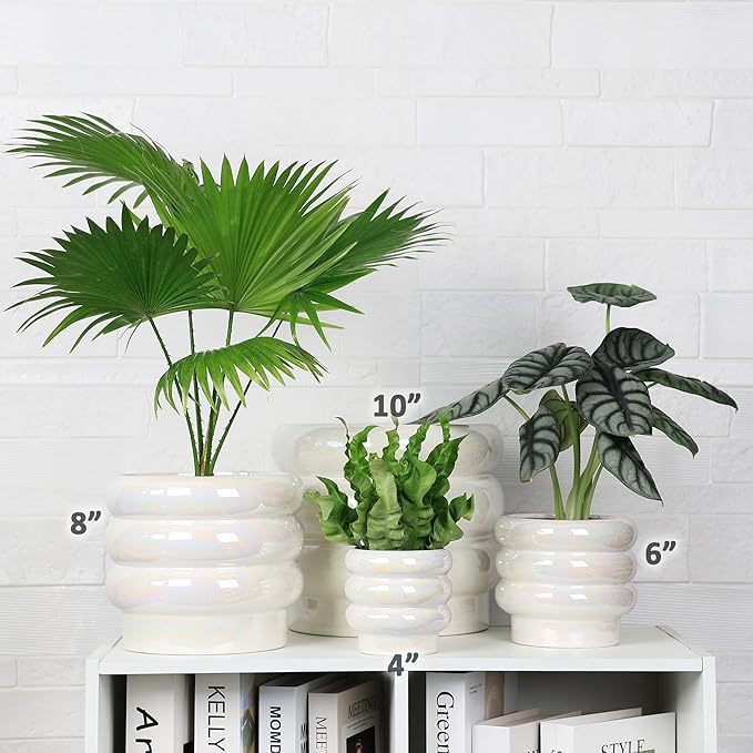 8 Inch Ceramic Plant Pots for Indoor Plants, White Flower Pot, Rainbow Pearl Glaze Planter with Planters for Plants with Drainage Hole