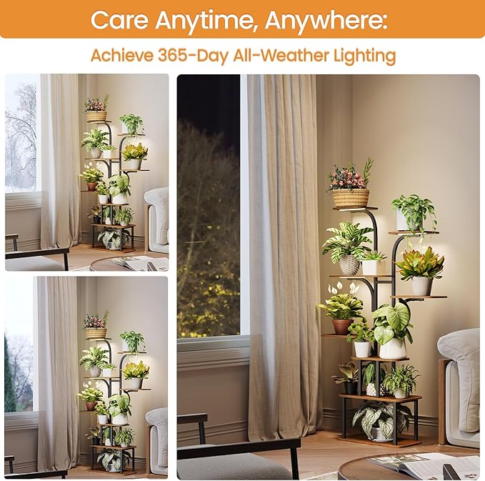 Tall Plant Stand with Grow Lights – 8 Tier 63" Metal and Wooden Indoor Flower Shelf Rack, Adjustable Large Corner Organizer for Living Room or Home Gardening Display