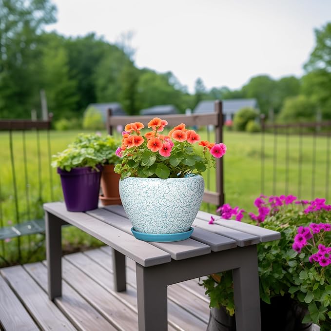 Ceramic Plant Pots - 8 Inch Indoor Plant Pots with Drainage Hole and Tray, Decorative Round Planters for Outdoor Plants, Indoor Plant Pot, Home Decor, Gifts for Men Women, Crackle Blue