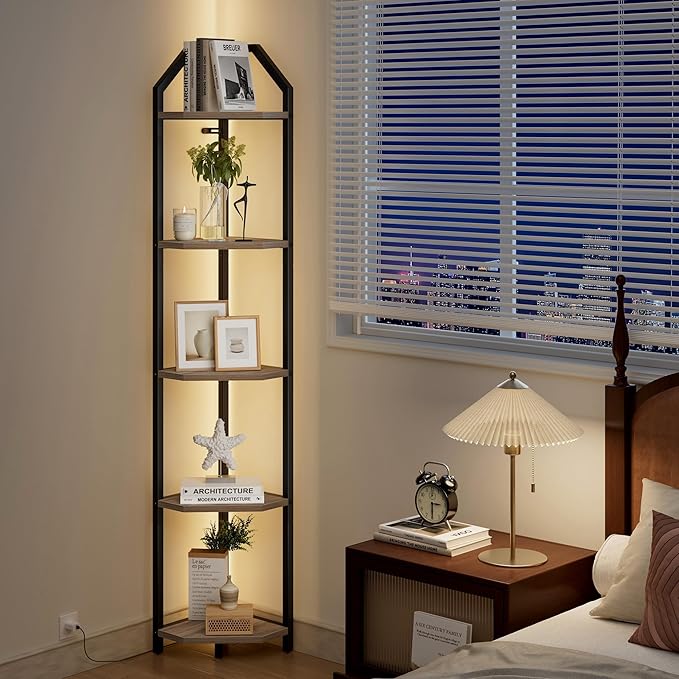 70 Inch Corner Shelf with LED Lights, 5-Tier Corner Bookshelf for Small Spaces, Wood & Metal Storage Rack for Bedroom, Living Room, Office - Modern Space Saving Design- Grey
