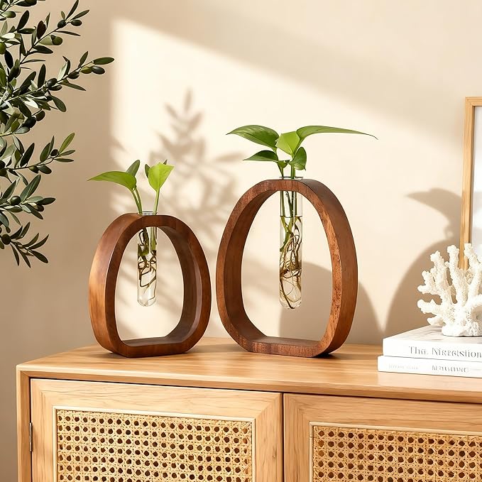 Houmury Walnut Wood Propagation Station Set of 2 Hydroponic Glass Test Tube Vases 7.5” & 5.8” for Plants Cuttings Modern Farmhouse Table Centerpieces for Home Office Desk Decor