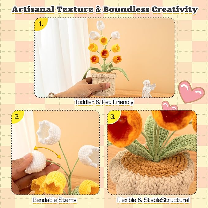 Crochet Flowers with Personalized Leather Name Tag Handmade Knitted Flowers for Home Office Desk Decor Crochet Lily of the Valley Flower Pot for Women,Teachers, Birthday Crochet Gifts(Yellow)