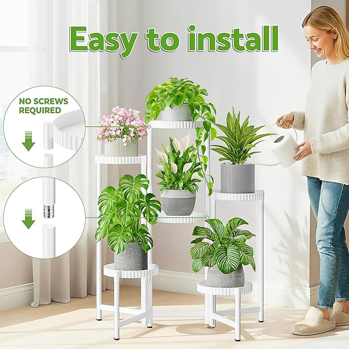 6 Tier Large Plant Stand Indoor with 7.9 Inch Wide Tray, Tiered Corner Metal Outdoor Flower Display Holder Shelf, Foldable Tall Rack for Patio Porch Living Room - WhiteFloroma