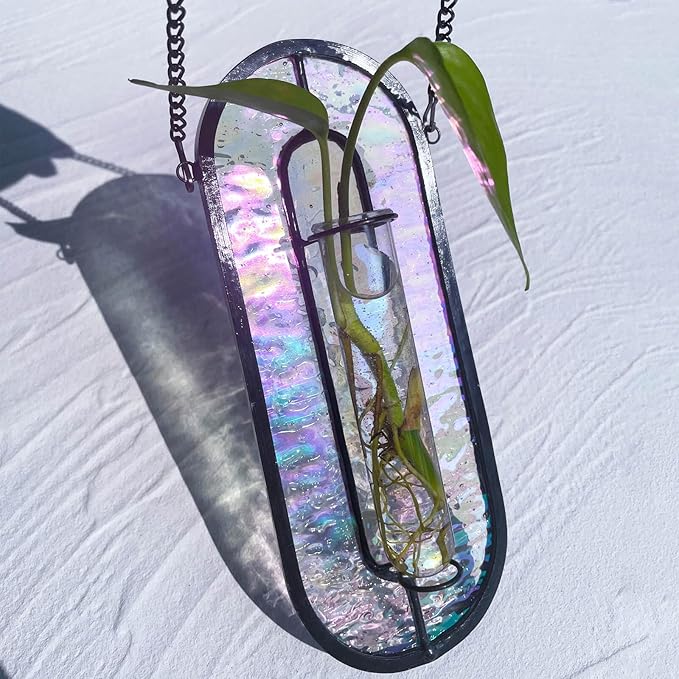LITMIND Iridescent Stained Glass Plant Propagation Station - Vibrant Hanging Hydroponic Planter Terrarium with 2 Glass Tubes - Perfect for Home & Garden Décor
