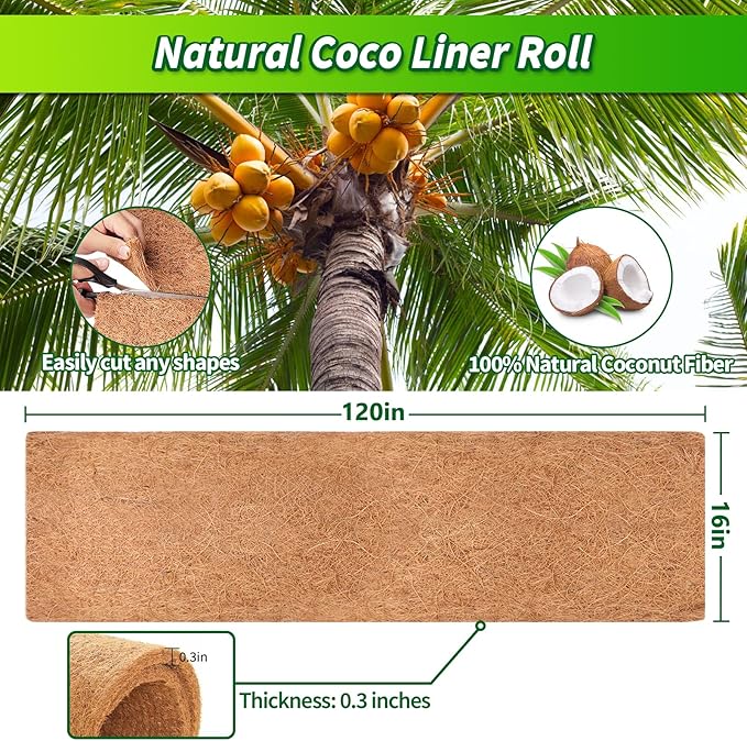 Legigo 16X120 Inch Natural Coco Liner Roll, Coconut Liners for Planter Window Box Hanging Basket, Coconut Coir Roll Coco Fiber Mat for Garden Decoration DIY Moss Poles Pet Pad Reptiles Carpet