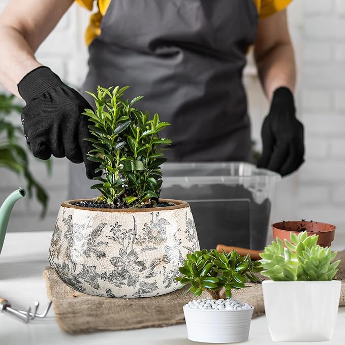 9.8 Inch Large Vintage Ceramic Planter Ice Crack Glaze Gray Floral Flower Pot with Drainage Holes Rustic Country Plant Pots Decorative Gifts for Home Kitchen Office Indoor Outdoor Plants