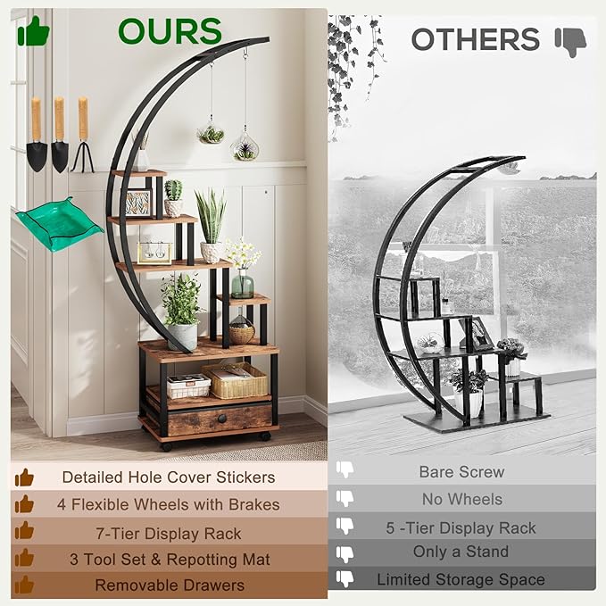 7-Tier Half Moon Indoor Plant Stand with Lockable Wheels, 71” Tall Plant Shelf with Drawer & Accessories, Plant Holder Display Rack for Multi-plants, Large Plant Rack for Patio Balcony Living Room (Half Moon)