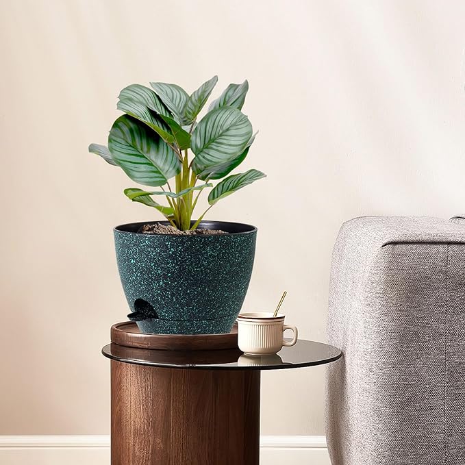 WSMKSZ 10 inch Self Watering Pots, Planter, Plant Pots with Mesh Drainage Holes for Indoor Outdoor House Plants and Garden, 2 Pack Plastic Flower Pots with Reservoir, Black with Green Speckles