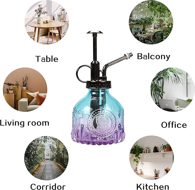 TOMEX Glass Plant Mister Spray Bottle 200ML Watering Bottle with Top Pump Watering Can for Indoor Outdoor House Plants, Flowers (Blue-Purple)