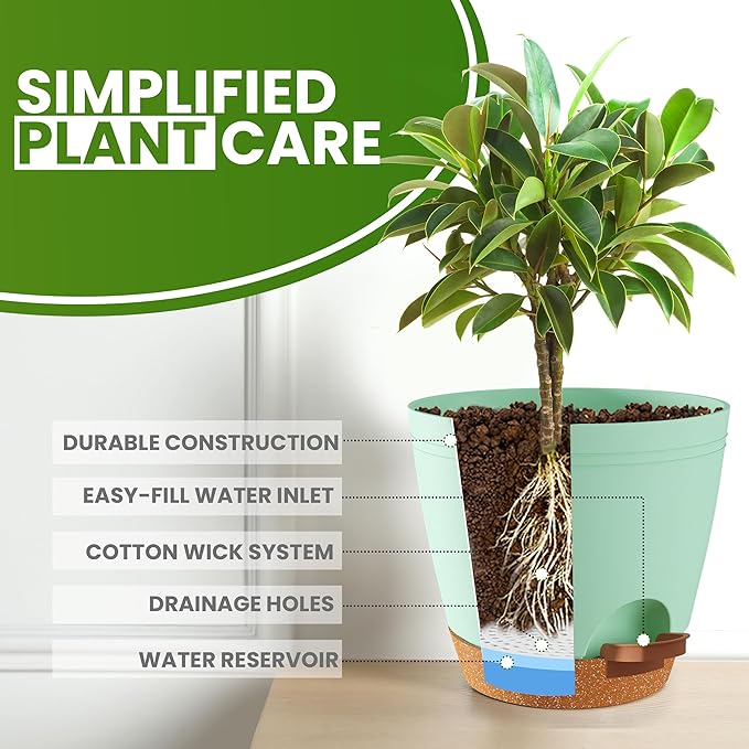 Utopia Home Self Watering Pots for Indoor Plants, Planters for Indoor Plants, Multi-Size Flowerpot, Set of 10 Plant Pots with Drainage & Reservoir, 6.8"/6.4"/5.9"/5.5"/4.9" (Olive Green)