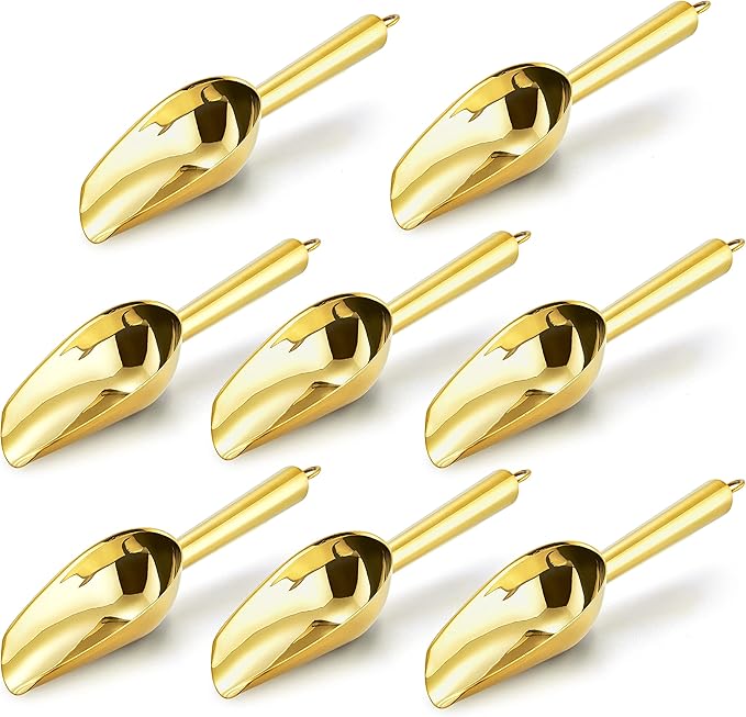 Mini Ice Scoop Set of 8, E-far 3 Ounce Gold Stainless Steel Scoops for Candy/Flour/Sugar, Small Metal Scoops for Party/Canisters Jars/Kitchen Bar/Ice Maker, Rust Proof & Dishwasher Safe