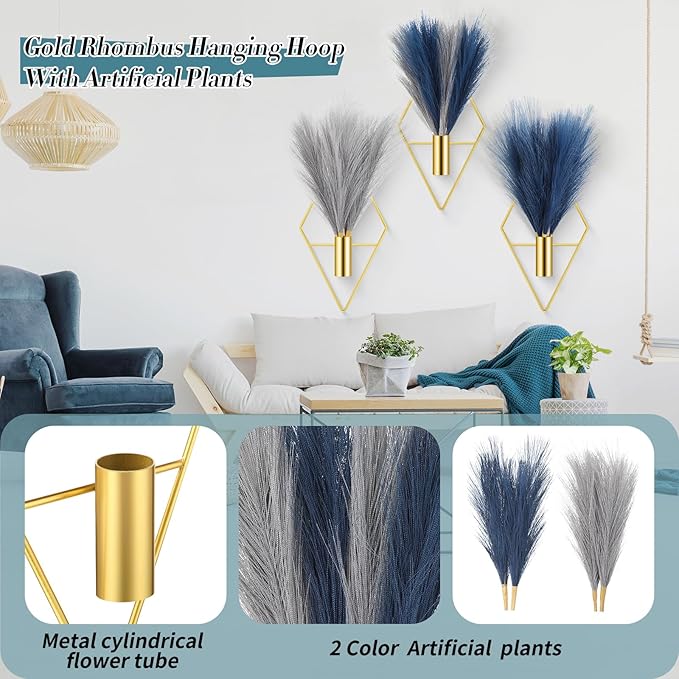 Hanaive 4 Sets Boho Gold Wall Decor Metal Wall Art Hanging Planters with Artificial Pampas Display Art Modern Home Metal Vase for Bedroom Living Room Home Office(Gold, Blue, Light Gray)