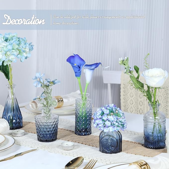 TBWIND Glass Bud Vase Set of 5, Small Blue Flower Vases for Centerpieces in Bulk, Mini Vintage Vase for Wedding Decor, Single Flowers, and Home Table Décor