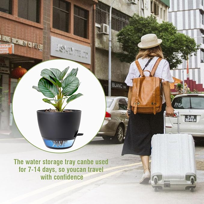 WSMKSZ 10 inch Self Watering Pots, 2 Pack Plastic Planters with Mesh Drainage Holes for Garden Plants and Flower, Plants Pots with Deep Reservoir for Indoor Outdoor Plants, Black
