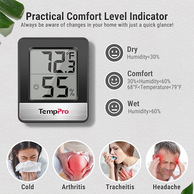 TempPro TP49 2 Pieces Digital Hygrometer Indoor Thermometer Humidity Meter Room Thermometer with Temperature and Humidity Monitor Mini Hygrometer Black Weather Station (Previously ThermoPro)