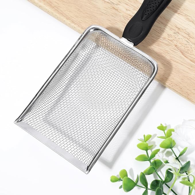 Stainless Steel Mesh Litter Shovel, Metal Non-Slip Black Handle Sifter, Fine Mesh Reptile Cleaner Scooper for Lizard Substrate, Reptile Terrarium Sand & Waste