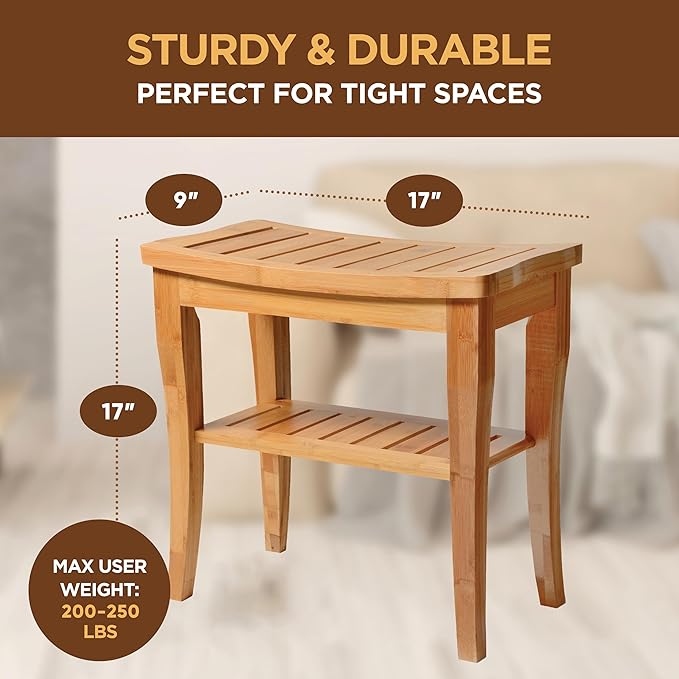 Bamboo Shower Bench - Small Wooden Shower Stool with Storage Shelf, Non-Slip Bathroom Seat, Spa Decor Bath Bench, Foot Rest Shaving Stool for Shower, Indoor Outdoor Use, Great Gift Idea (17" x 9 x 17)