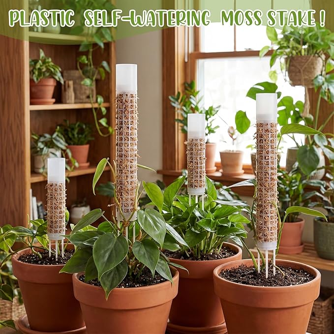 4 Pack Self-Watering Plastic Moss Stake for Monstera Plant Support Multi-Size Stackable and Refillable Plastic Moss Stakes for Climbing Plants with Large Mesh Design