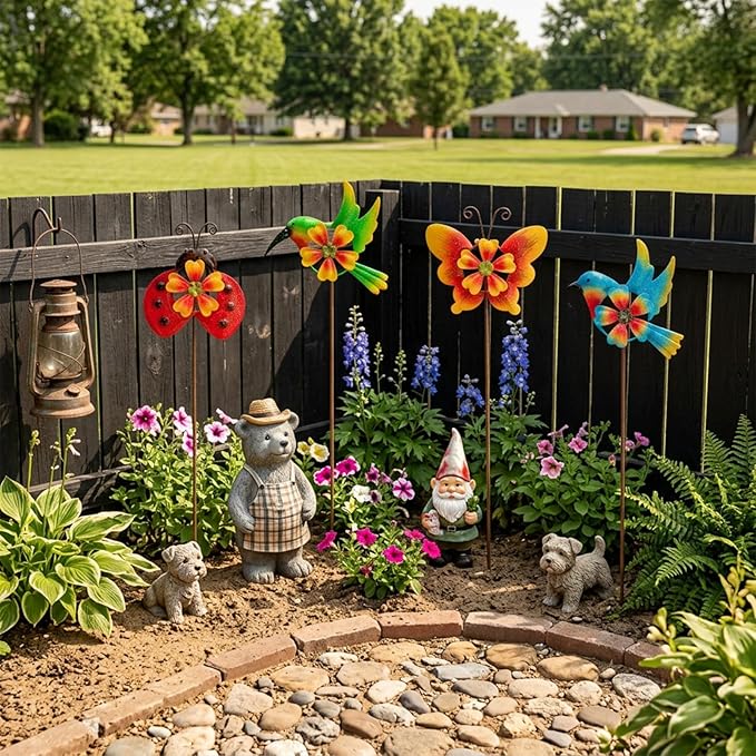 HUTHDAK 4 Pack Metal Animal Decorative Garden Stakes,Colorful Spring Outdoor Pinwheels,Cute Ladybugs Butterfly&Hummingbird Wind Spinners for Yard Art Outdoor Lawn Porch Pathway Decorations