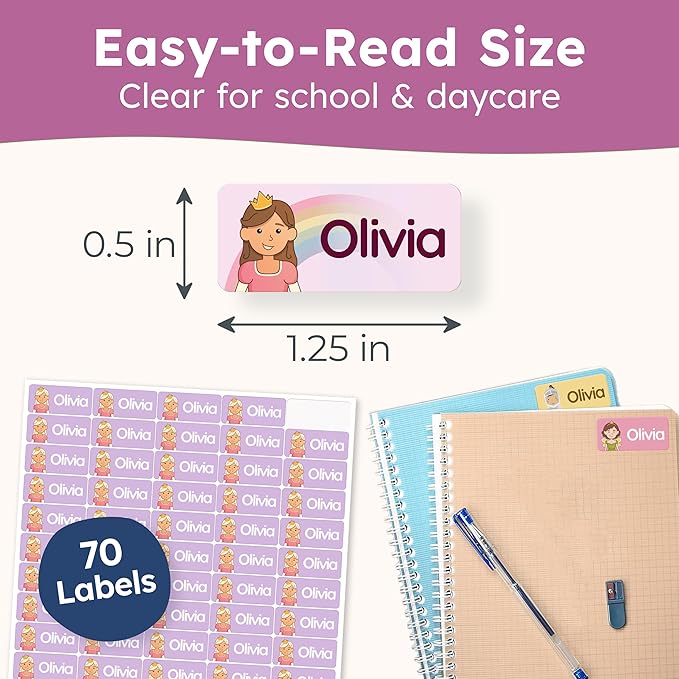 Personalized Name Labels for Kids (70 Labels) - Durable & Waterproof Custom Name Stickers for Clothing Tags, School Supplies, Camp & Daycare - Prince & Princess (1.2”x0.5”)