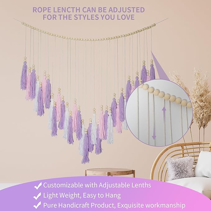 Pink & Purple Macrame Hanging Boho Wall décor, Purple Wall Decor for Bedroom Living Room Girls Room Nursery Large Tassel Hanging with Wood Beads 41" W x 32" H