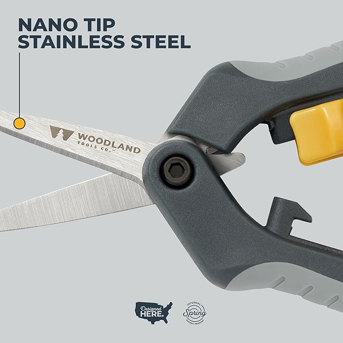 Woodland Tools Hydroponic Snips – Heavy Duty Flower Snips with Nano Tip Stainless Steel Trimming Scissors, Soft Grip, Spring Loaded, Blade Cover – Precision Plant Scissors and Bud Trimmer