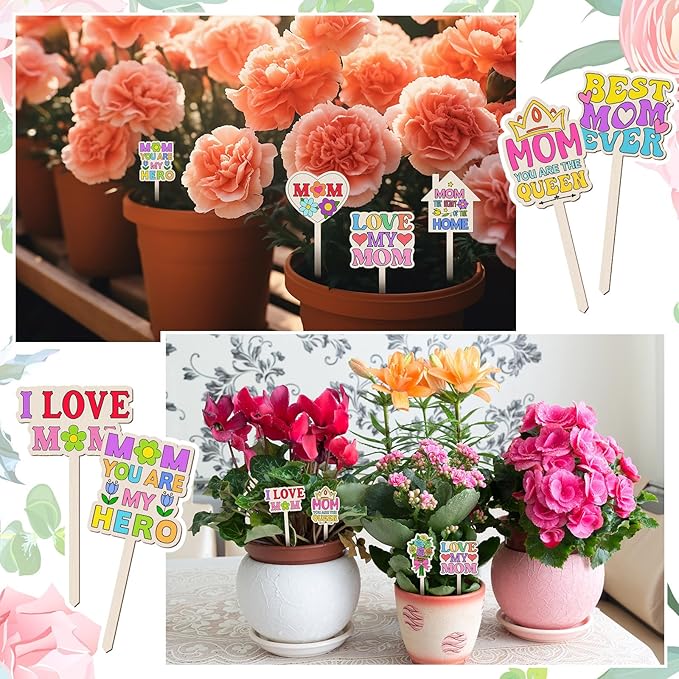 DoubleFill 15 Pcs Mother's Day Crafts Mom Plant Stakes Craft Kits Color Your Own Best Mom Plant Labels Gift DIY Unfinished Cutouts Present Tags for Mother's Day, Gardeners, Funny Gardening Gifts