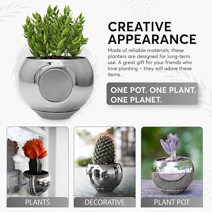Magnetic Plant Pot - Unique Window Planter for Herbs, Succulents, Indoor & Outdoor Greenery - Self-Adhesive Magnet Attachment, Drainage Holes, Detachable Reservoir - Silver