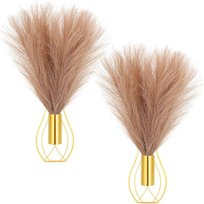 Otoolling 2 Pieces Hanging Plant Wall Decor with Artificial Pampas Grass Metal Hanging Vase Modern Geometric Farmhouse Bohemian Wall Art for Living Room Bedroom Kitchen Office(Gold, Light Brown)