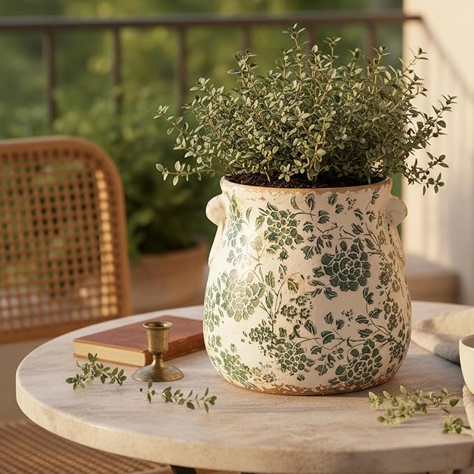 Xiaan Jiaju Tuscan Ceramic Planters and Kitchen Utensil Holder, 6.68 Inch Vintage Plant Pots with Drainage for Indoor/Outdoor, Country Cottage Vase for Home Garden Decor, Gifts for Plant Lovers, Cyan
