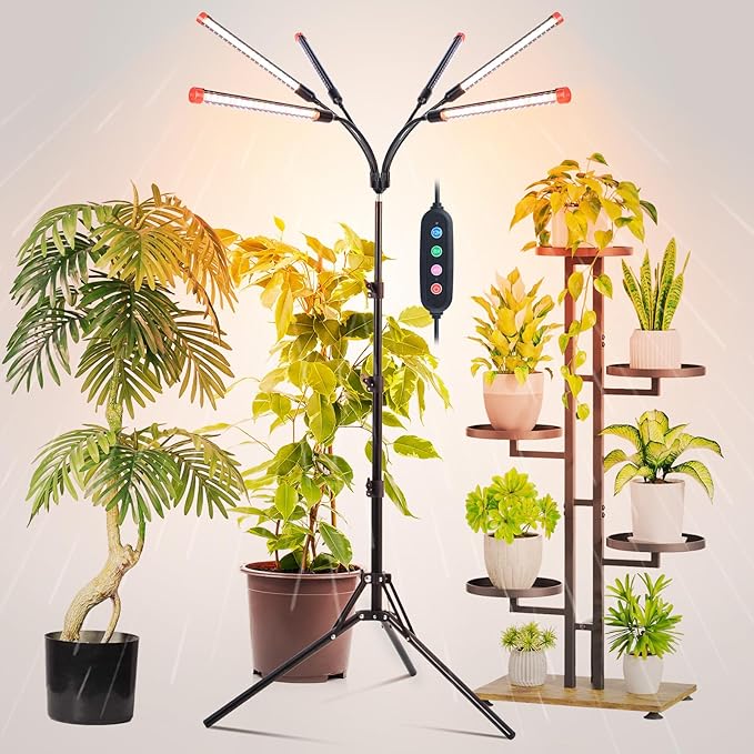 FRGROW 6Head Grow Light with Stand for Tall and Large Indoor Plants, Bonsai Tree, Big Coverage and Bright Plant Growing Lamps, 4/8/12/16/20H Timer, 54 Watt Power Draw, NO Need Adapter, 360° Gooseneck