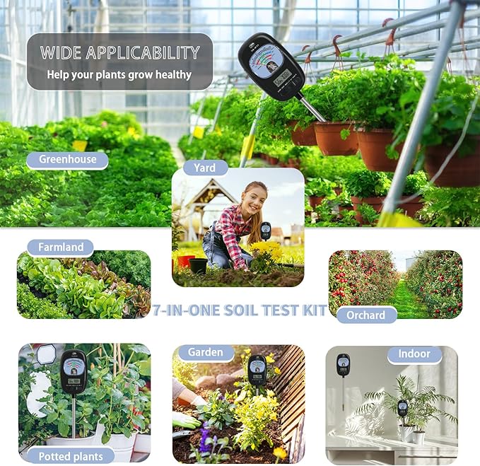 7-in-one Soil Test Kit, Soil Moisture Meter/PH Meter/Sunlight Intensity/Fertility Soil Tester, LCD Display Air & Soil Hygrometer Temperature for Hous Plants Garden, Farm, Lawn Care Moisture Meter