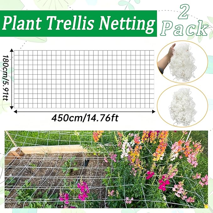2 Pcs 6x15FT Garden Plant Trellis Netting,Heavy-Duty Grow Net Polyester Square Mesh Nets for Climbing Plants Fruits Vegetables Vines