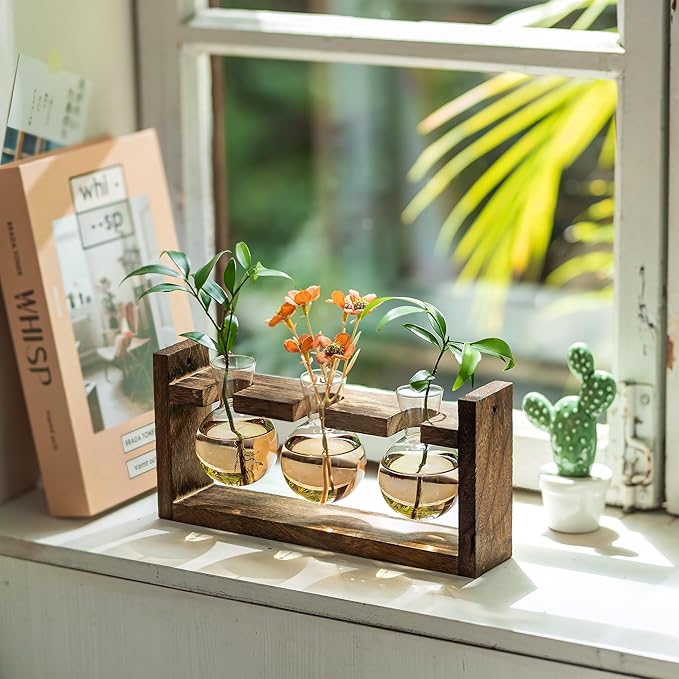 Plant Propagation Station with Wood Stand - Farmhouse Wood Wall Decor - Gift for Women Plant Lovers (Gradient Brown)